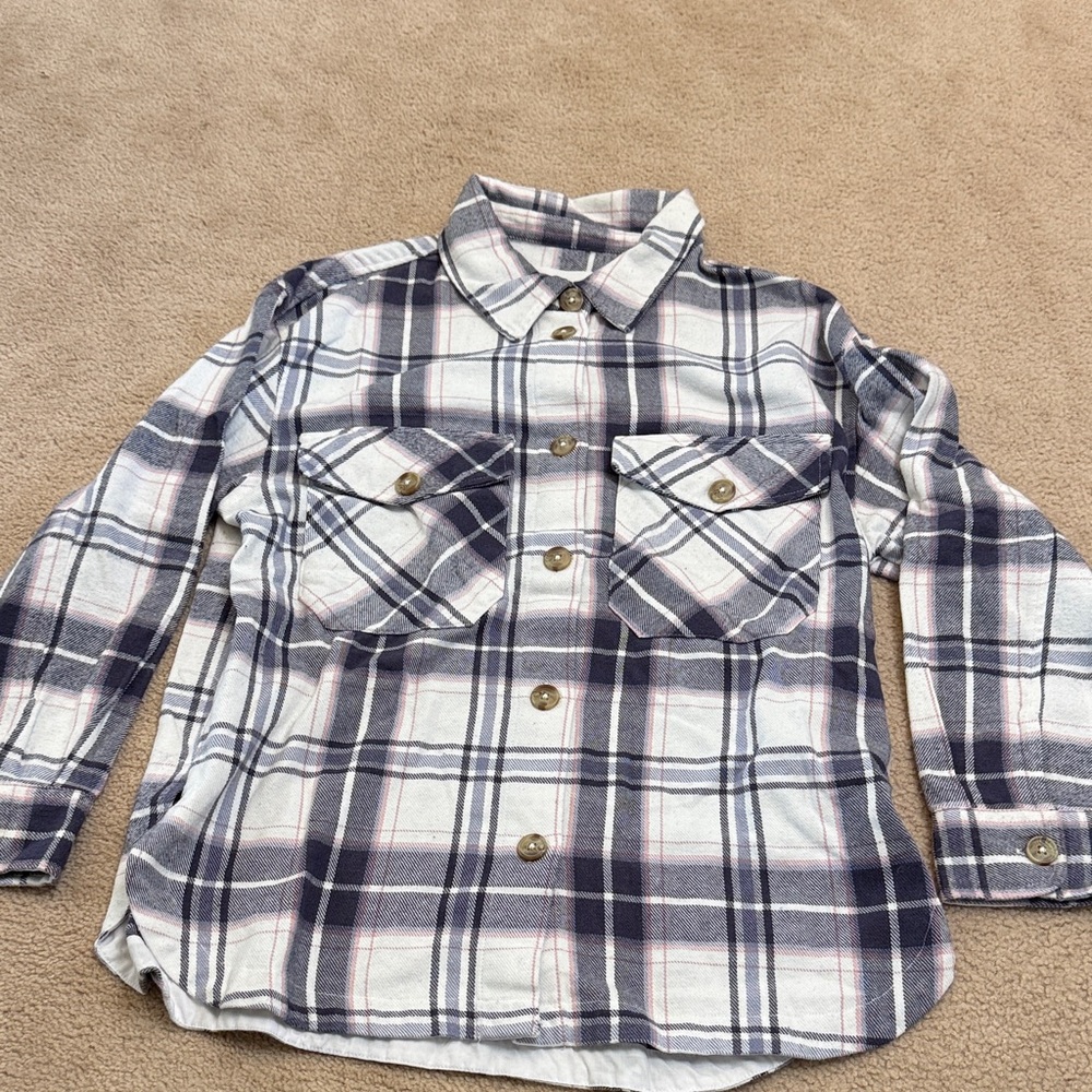 Plaid Button-Up Shirt in White, Purple and Pink
